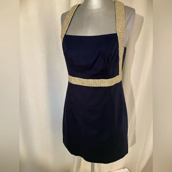 lilly pulitzer navy and gold dress Lilly Pulitzer Aubra Embroidered Dress In Navy /Gold Sz XS main image 1
